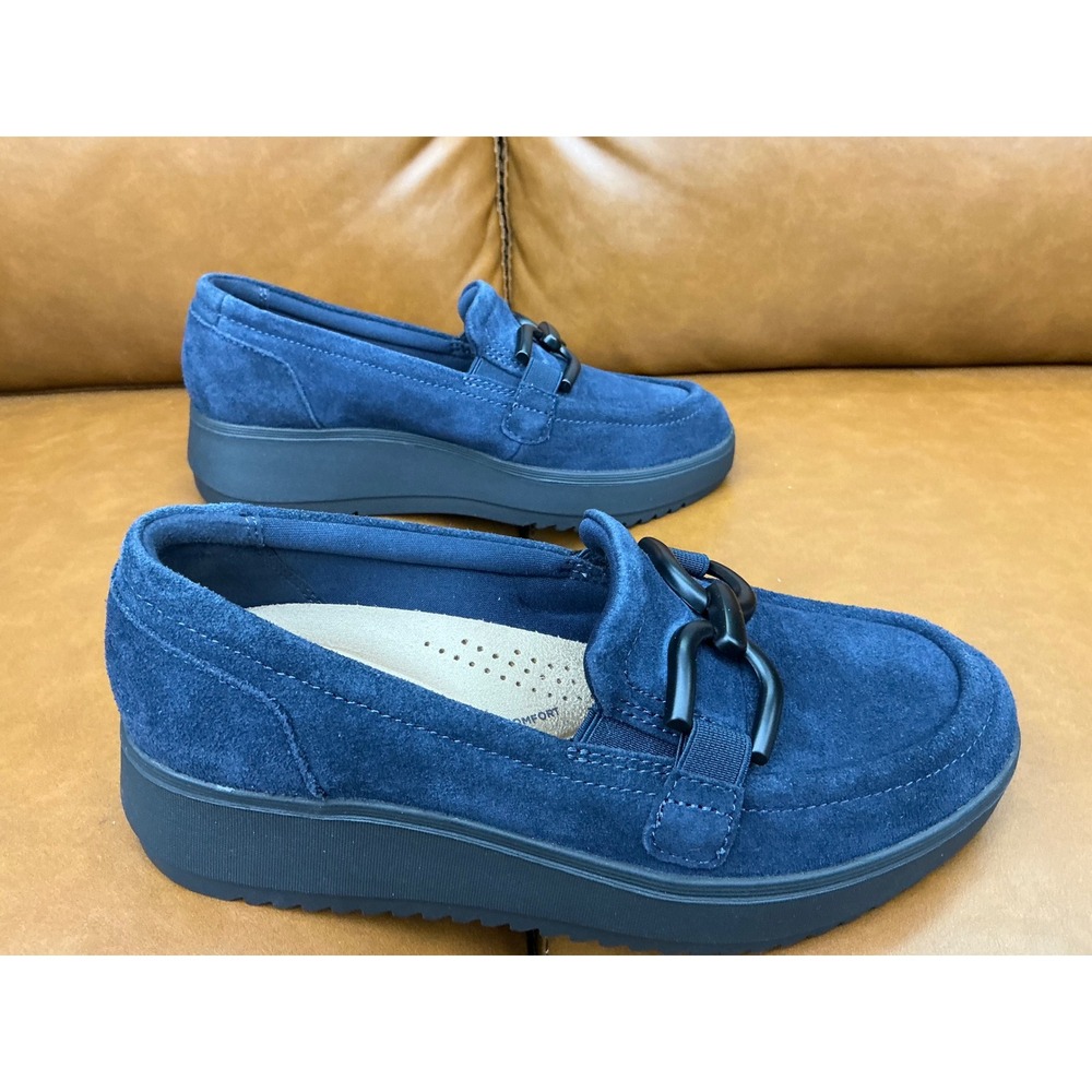 Clarks Loafers Womens 5.5 Navy New Suede Platform Wedge Chain
